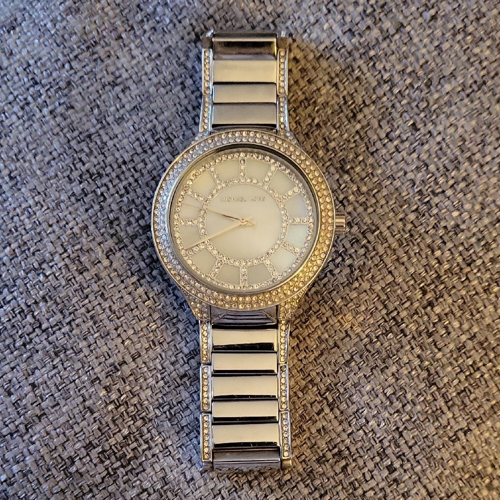 Michael Kors Silver Kerry Crystal Accent MK-3311 Watch w Mother Of Pearl…